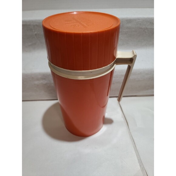 Vintage 3pc Orange Thermos Pint Size Handled Model #7202 King Seeley Hot Cold - Picture 6 of 10